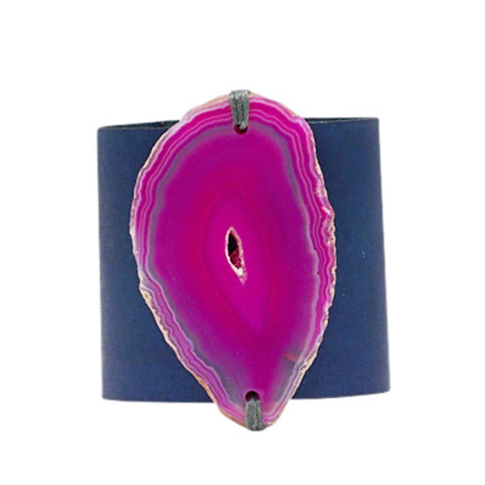 HANDCRAFTED CUFF - NAVY BLUE LEATHER WITH PINK AGATE - 6CMNAPI