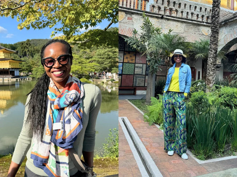 isy b wearing silk scarf and wide leg pants on ther travels