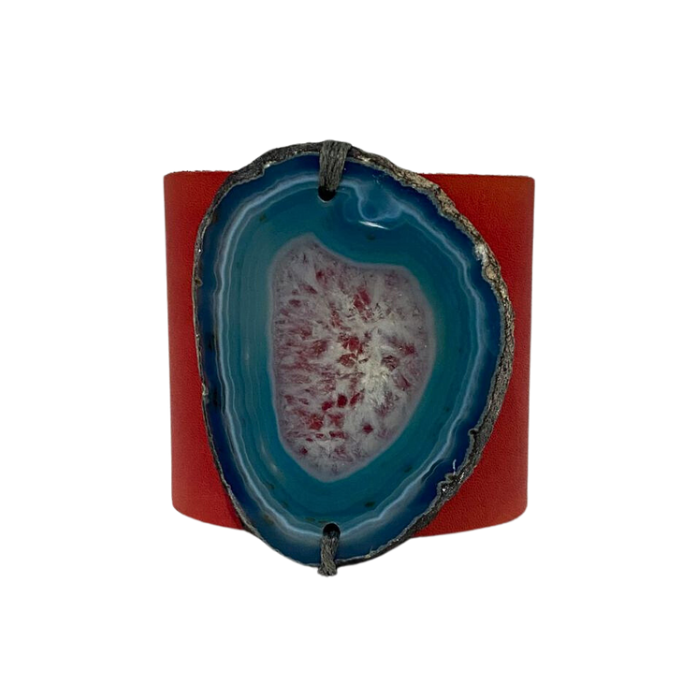 HANDCRAFTED CUFF - RED LEATHER BLUE AGATE - 6CMREBL1.3