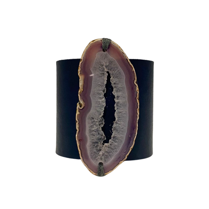 HANDCRAFTED CUFF - NAVY LEATHER WITH PURPLE AGATE - 6CMNAPU