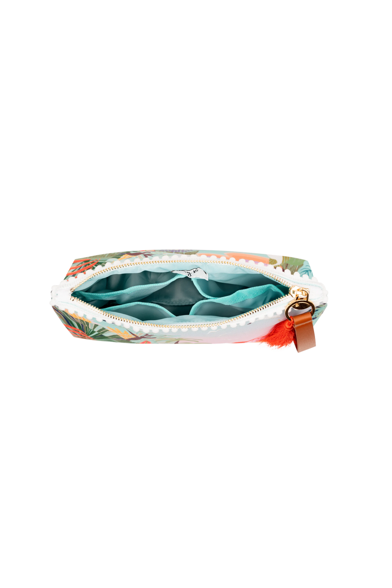 Floral patterned pouch with a zipper on a white background