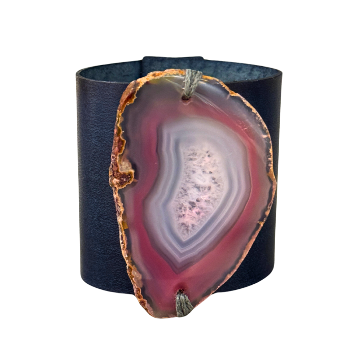 HANDCRAFTED CUFF - NAVY LEATHER PINK AGATE - 6CMNAPI