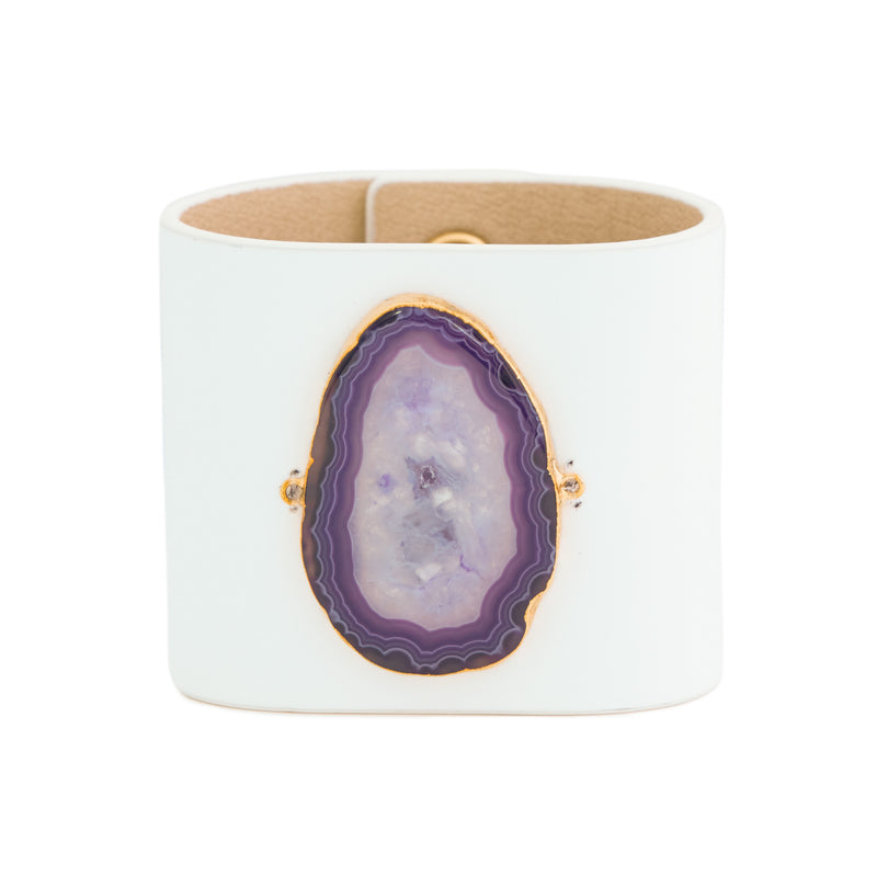 Loved Cuff - Moonstone White Leather with Purple Agate