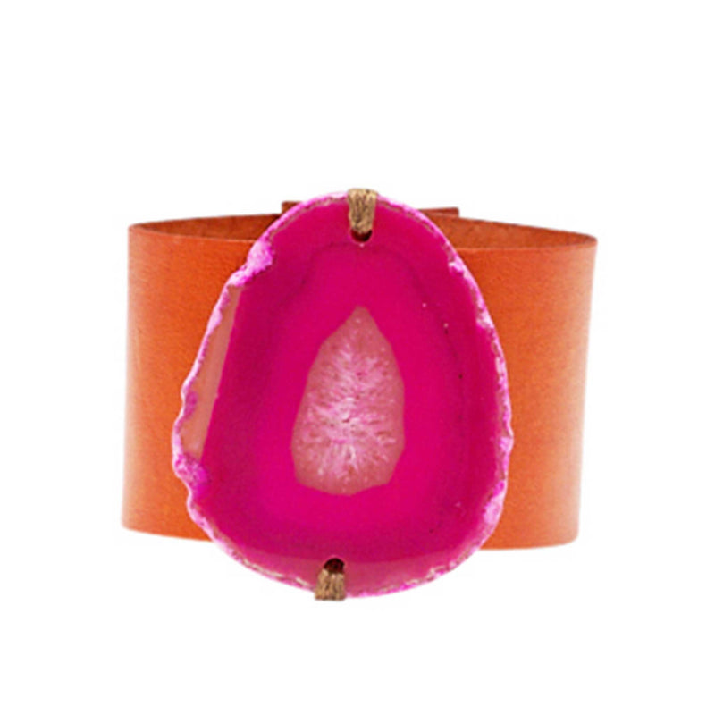 HANDCRAFTED CUFF - ORANGE LEATHER WITH PINK AGATE - 4CMORPI