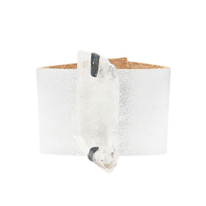 HANDCRAFTED CUFF - WHITE LEATHER WITH QUARTZ AGATE - 4CMSIQU