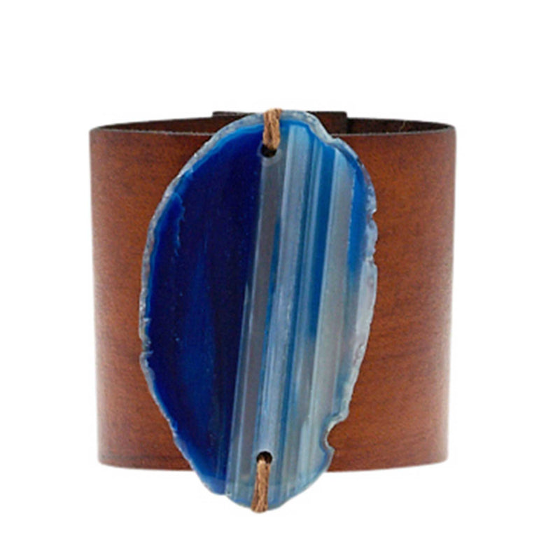 HANDCRAFTED CUFF - BROWN LEATHER WITH BLUE AGAT - 6CMBRBL