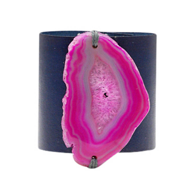 HANDCRAFTED CUFF - NAVY BLUE LEATHER WITH PINK AGATE - 6CMNAPI