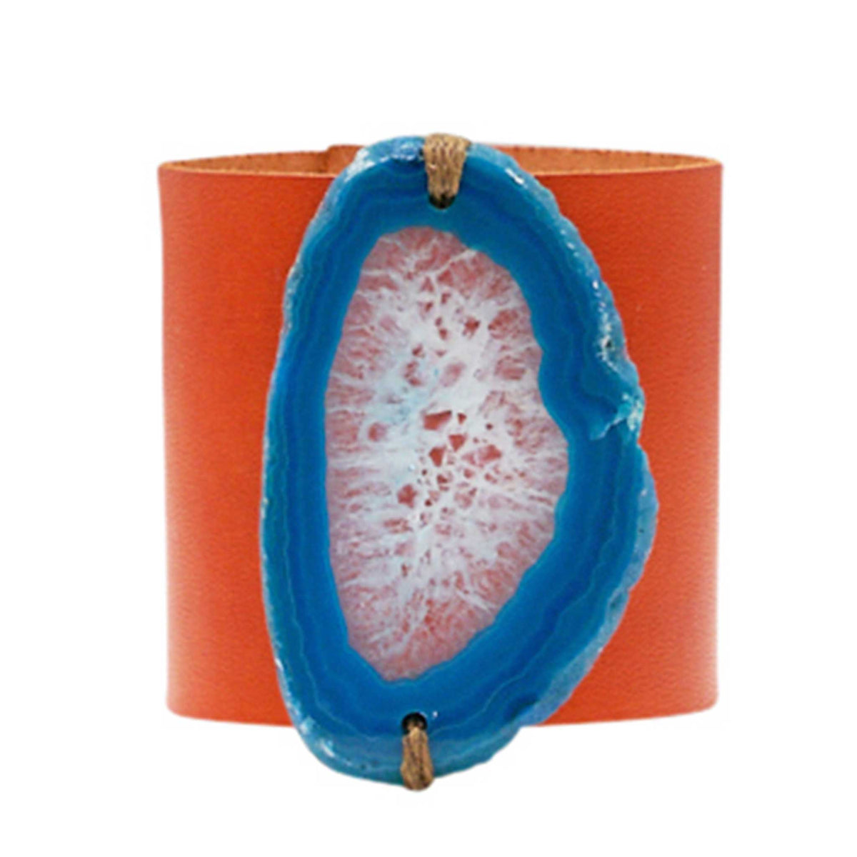 HANDCRAFTED CUFF - ORANGE LEATHER WITH BLUE AGATE - 6CMORBL