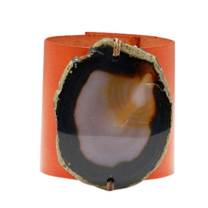 HANDCRAFTED CUFF - ORANGE LEATHER WITH BROWN AGATE - 6CMORBR
