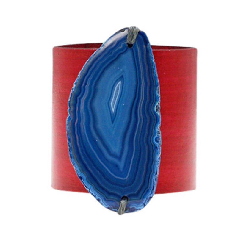HANDCRAFTED CUFF - RED LEATHER WITH BLUE AGAT - 6CMREBL1.1