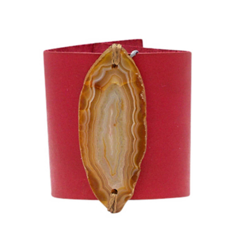 HANDCRAFTED CUFF - RED LEATHER WITH YELLOW AGATE - 6CMREYE