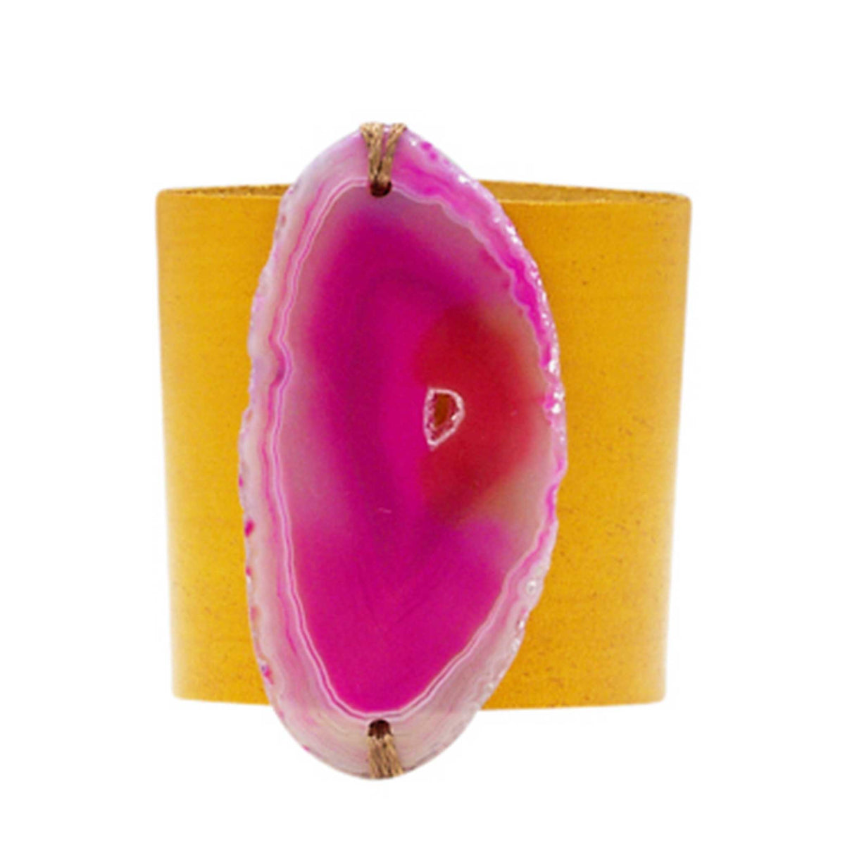 HANDCRAFTED CUFF - YELLOW LEATHER WITH PINK AGATE - 6CMYEPI