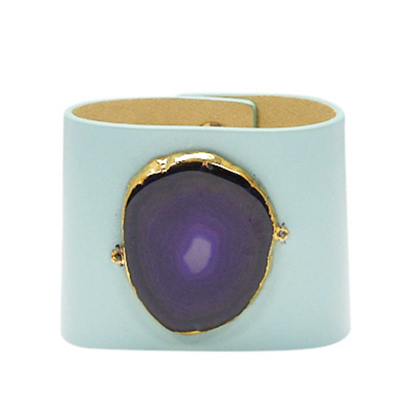 LOVED CUFF - MOONSTONE WHITE LEATHER WITH PURPLE AGATE – L.1.02.006.2075