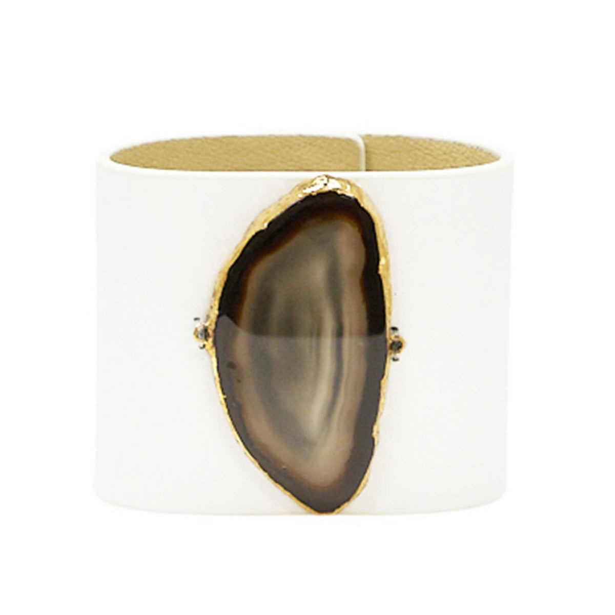 LOVED CUFF - MOONSTONE WHITE LEATHER WITH BROWN AGATE – L.1.03.004.2097
