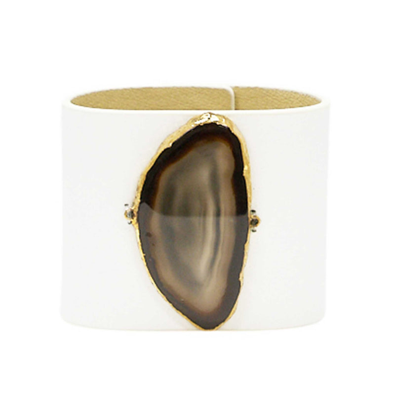LOVED CUFF - MOONSTONE WHITE LEATHER WITH BROWN AGATE – L.1.03.004.2097