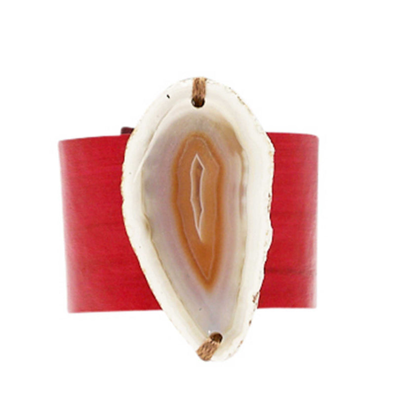 HANDCRAFTED CUFF - RED LEATHER WITH YELLOW AGATE - 4CMREYE