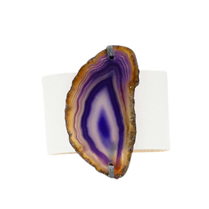 HANDCRAFTED CUFF - WHITE LEATHER WITH PURPLE AGATE - 4CMWHPU1.2