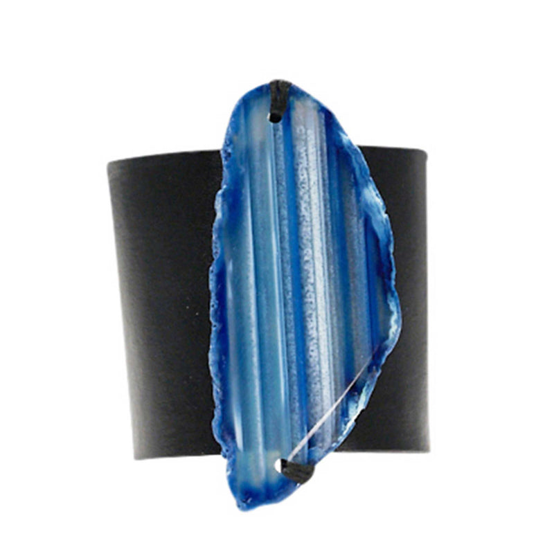 HANDCRAFTED CUFF - BLACK LEATHER WITH BLUE AGATE - 6CMBLBL