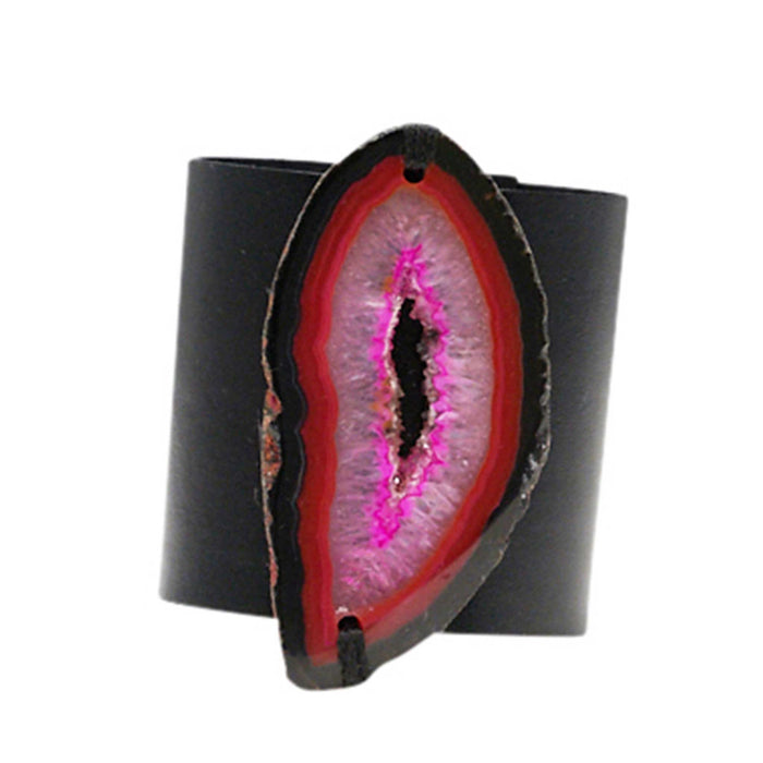HANDCRAFTED CUFF - BLACK LEATHER WITH PINK AGATE - 6CMBLPI