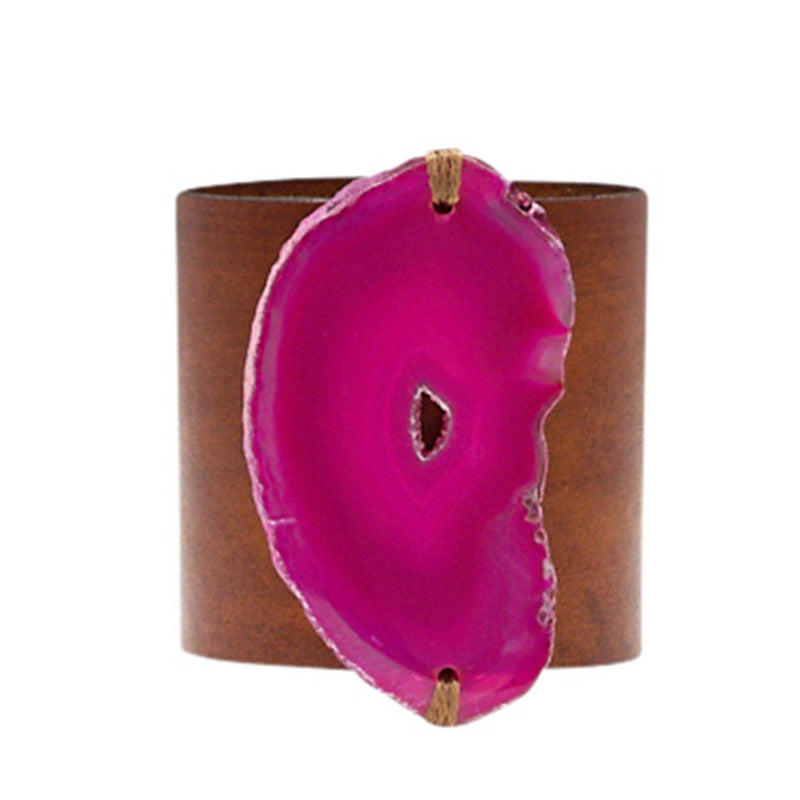 HANDCRAFTED CUFF - BROWN LEATHER WITH PINK AGATE - 6CMBRPI