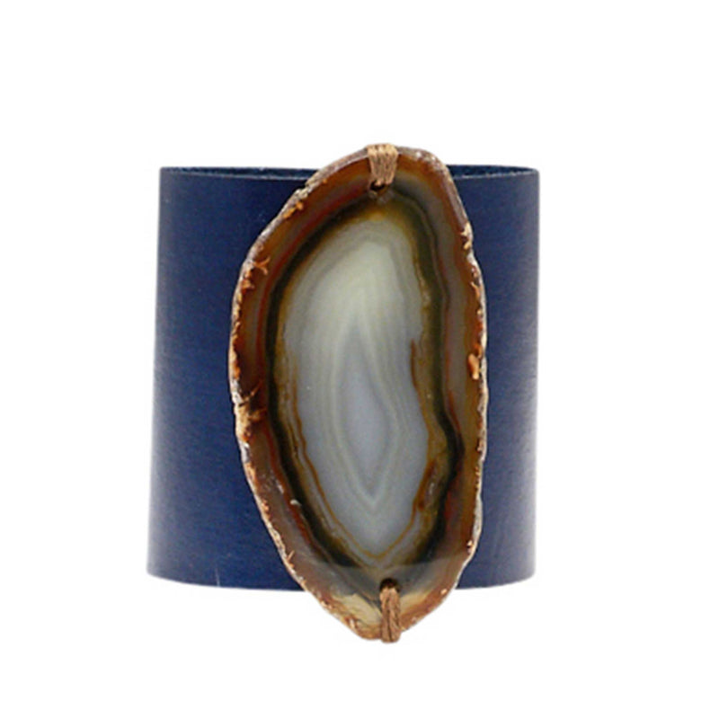 HANDCRAFTED CUFF - NAVY BLUE LEATHER WITH BROWN AGATE - 6CMNABR