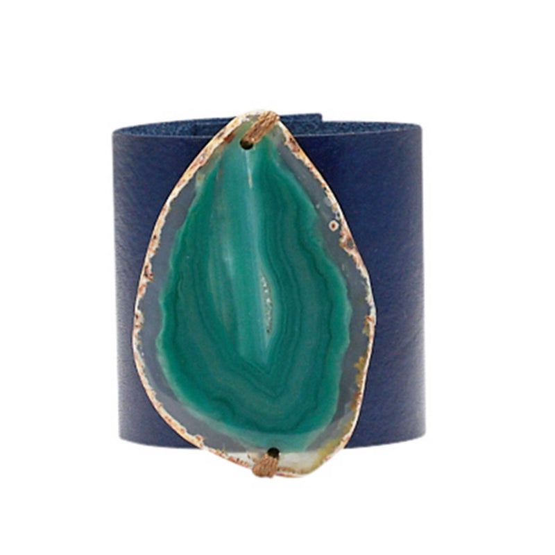 HANDCRAFTED CUFF - NAVY BLUE LEATHER WITH GREEN AGATE - 6CMNAGR