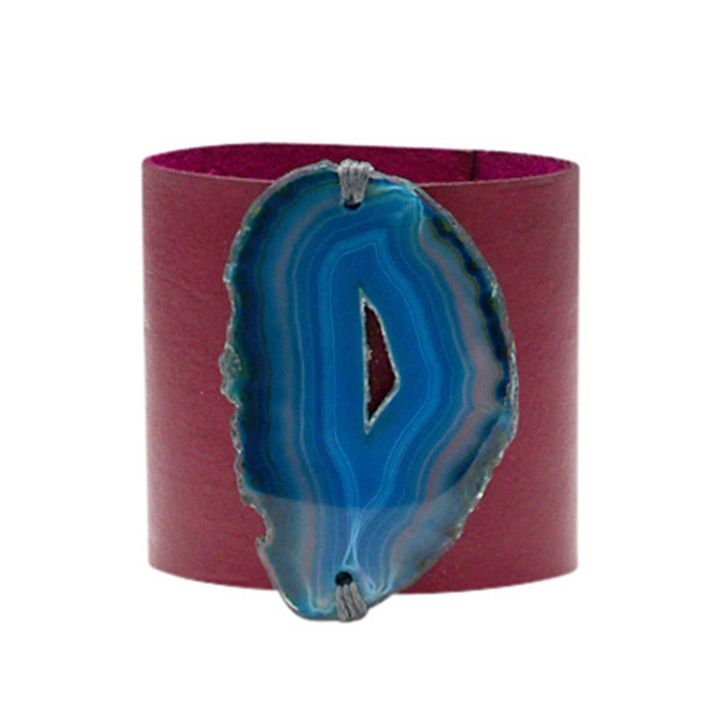 HANDCRAFTED CUFF - PINK LEATHER WITH BLUE AGATE - 6CMPIBL
