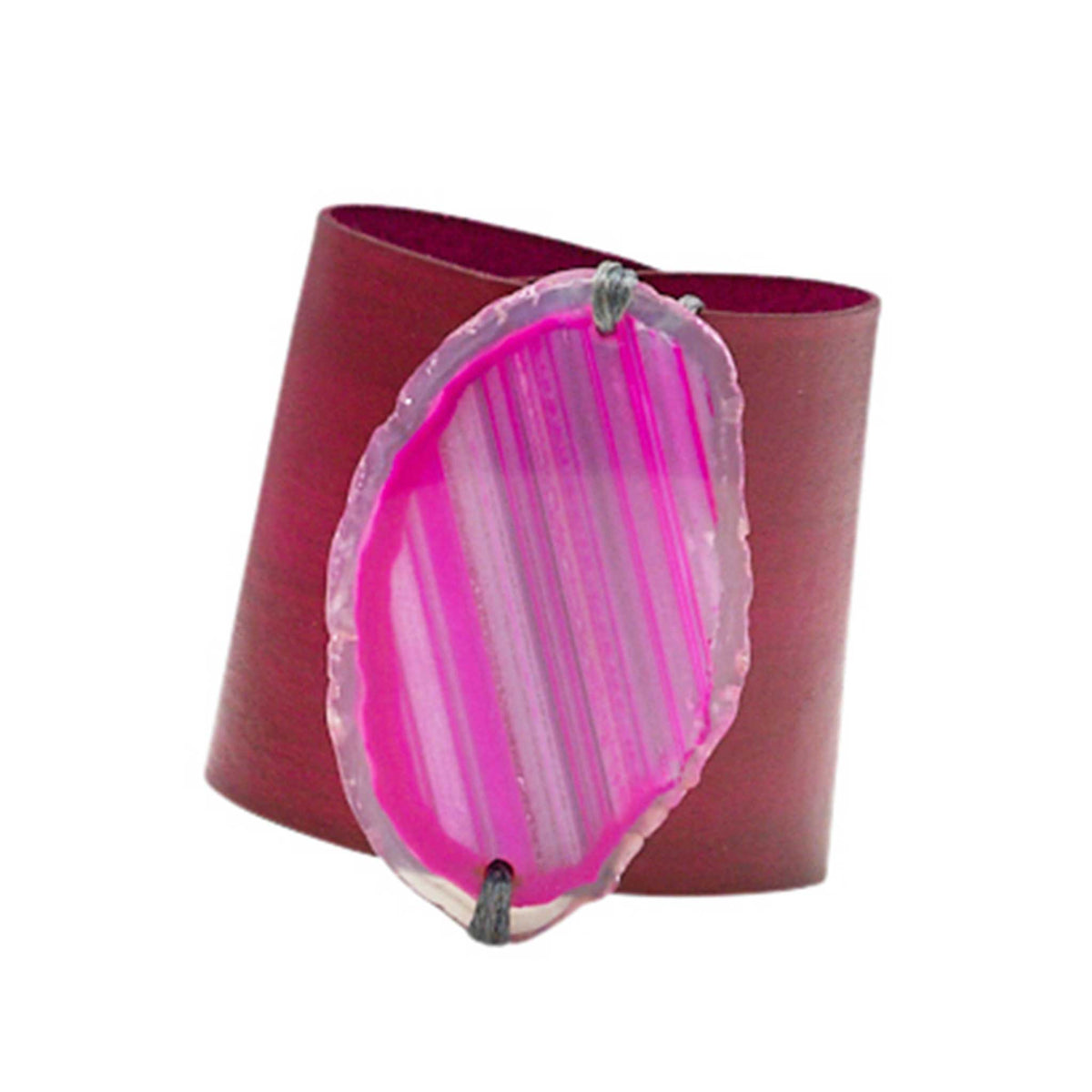 HANDCRAFTED CUFF - PINK LEATHER WITH PINK AGATE - 6CMPIPI