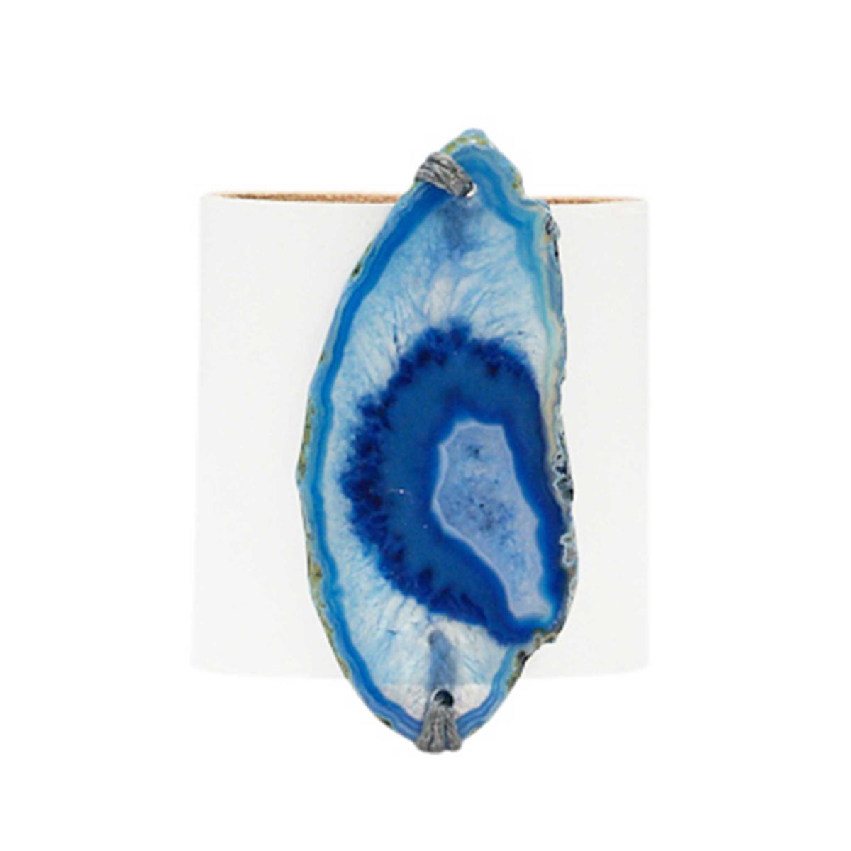 HANDCRAFTED CUFF - WHITE LEATHER WITH BLUE AGATE - 6CMWHBL1.2