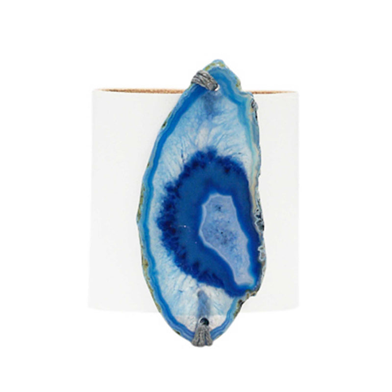 HANDCRAFTED CUFF - WHITE LEATHER WITH BLUE AGATE - 6CMWHBL1.2