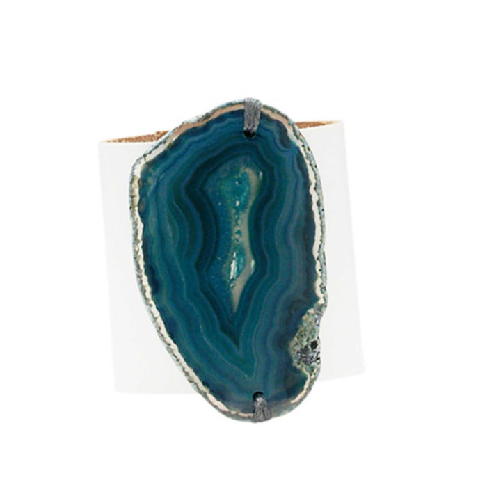 HANDCRAFTED CUFF - WHITE LEATHER WITH BLUE AGATE - 6CMWHBL1.3