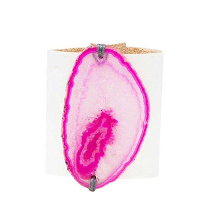 HANDCRAFTED CUFF - WHITE LEATHER WITH PINK AGATE - 6CMWHPI