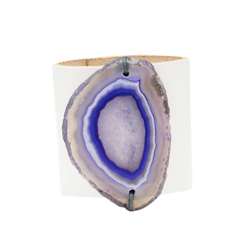 HANDCRAFTED CUFF - WHITE LEATHER WITH PURPLE AGATE - 6CMWHPU1.1