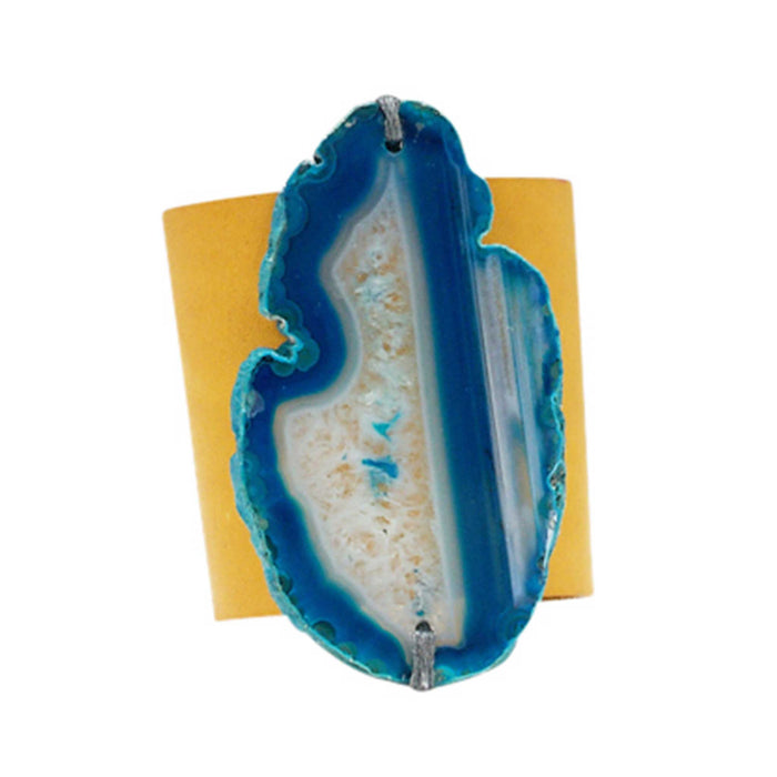 HANDCRAFTED CUFF - YELLOW LEATHER WITH BLUE AGATE - 6CMYEBL