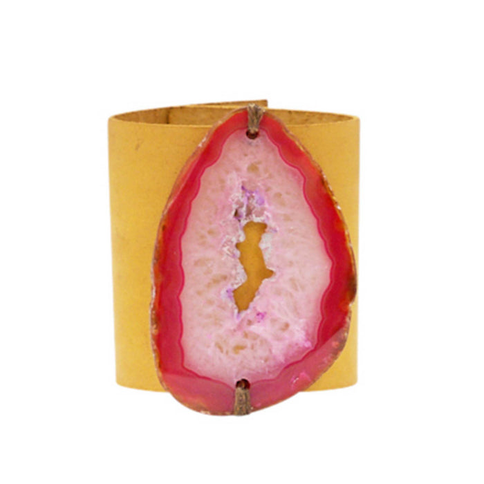 HANDCRAFTED CUFF - YELLOW LEATHER WITH PINK AGATE - 6CMYEPI