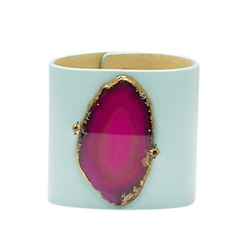 LOVED CUFF - MOONSTONE WHITE LEATHER WITH PINK AGATE – M.1.02.005.1080