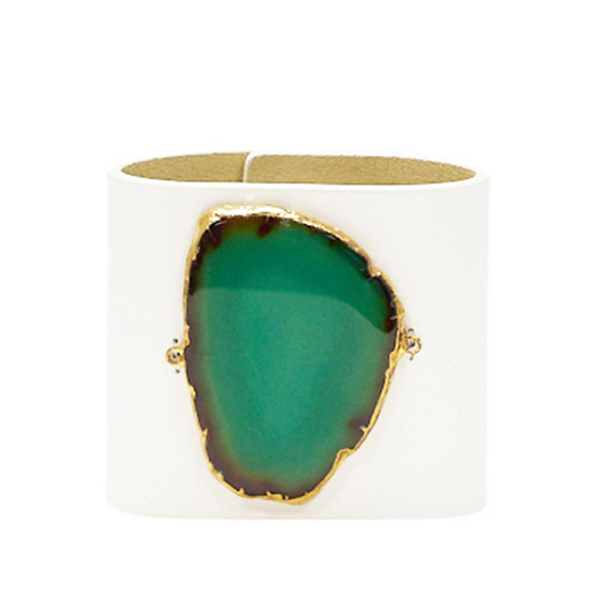 LOVED CUFF - MOONSTONE WHITE LEATHER WITH GREEN AGATE – M.1.03.003.2083