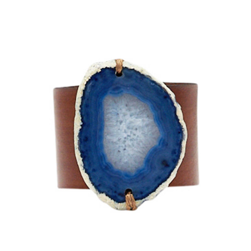 HANDCRAFTED CUFF - BROWN LEATHER WITH BLUE AGATE - 4CMBRBL1.2