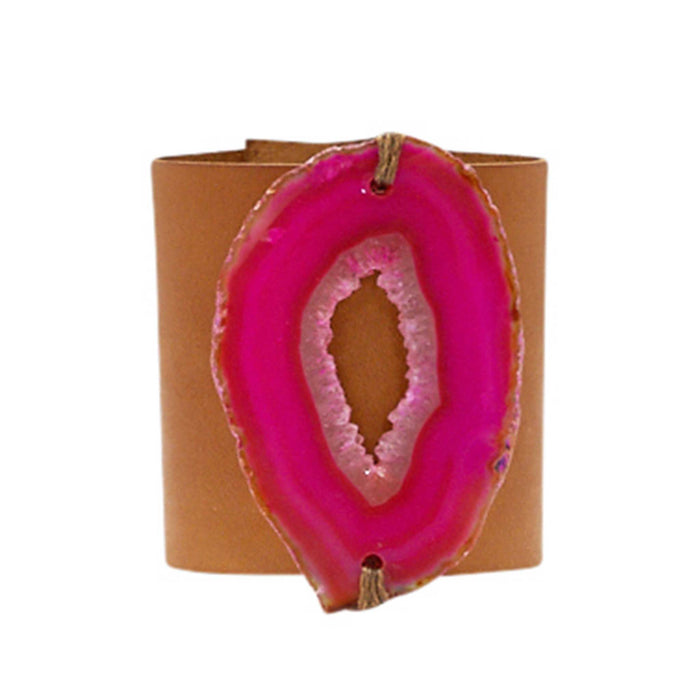 HANDCRAFTED CUFF - BROWN LEATHER WITH PINK AGATE - 6CMBRPI