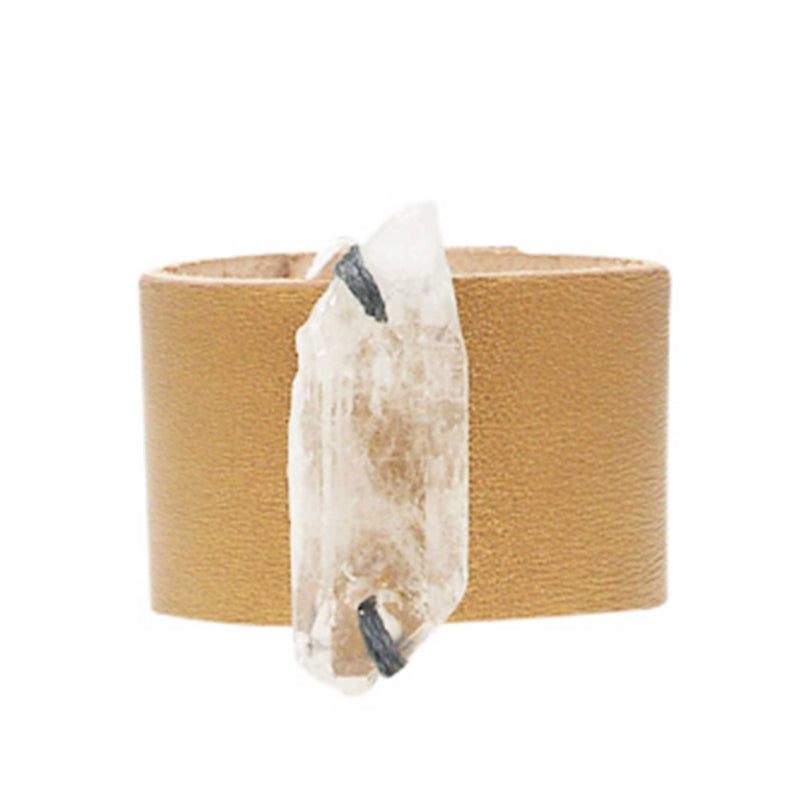 HANDCRAFTED CUFF - GOLD LEATHER WITH QUARTZ AGATE - 4CMGOQU