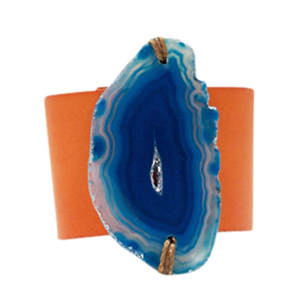 HANDCRAFTED CUFF - ORANGE LEATHER WITH BLUE AGATE - 4CMORBL1.3
