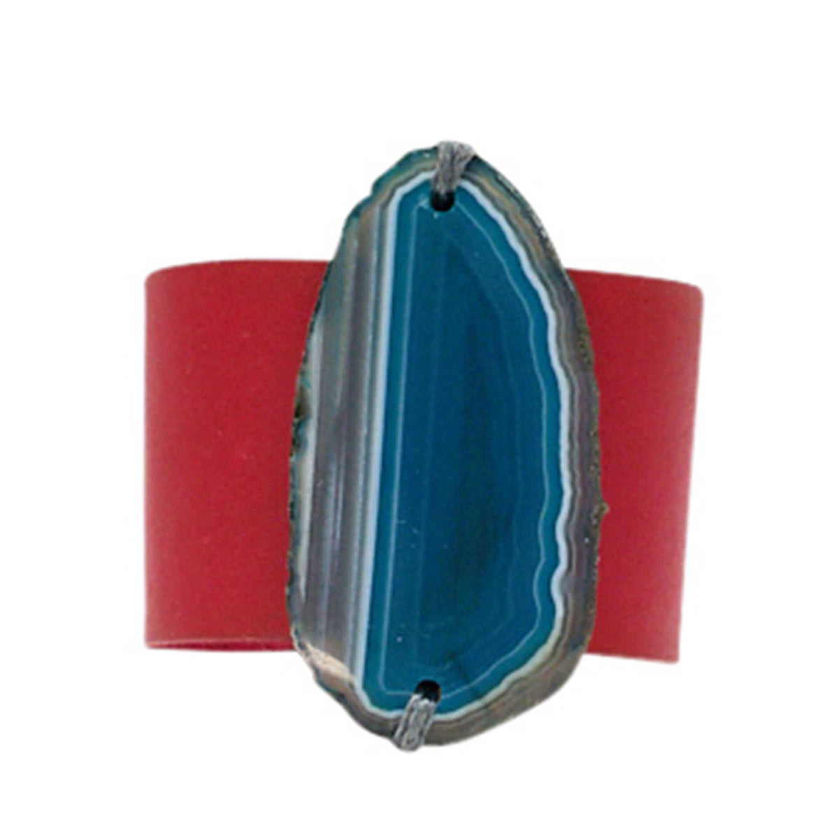 HANDCRAFTED CUFF - RED LEATHER WITH BLUE AGATE - 4CMREBL1.2