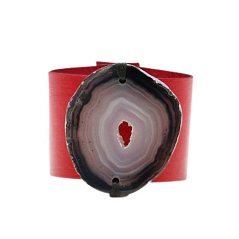HANDCRAFTED CUFF - RED LEATHER WITH BROWN AGATE - 4CMREBR1.1