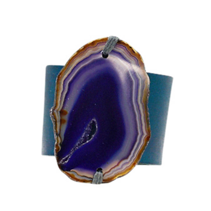 HANDCRAFTED CUFF - TEAL LEATHER WITH PURPLE AGATE - 4CMTEPU1.4