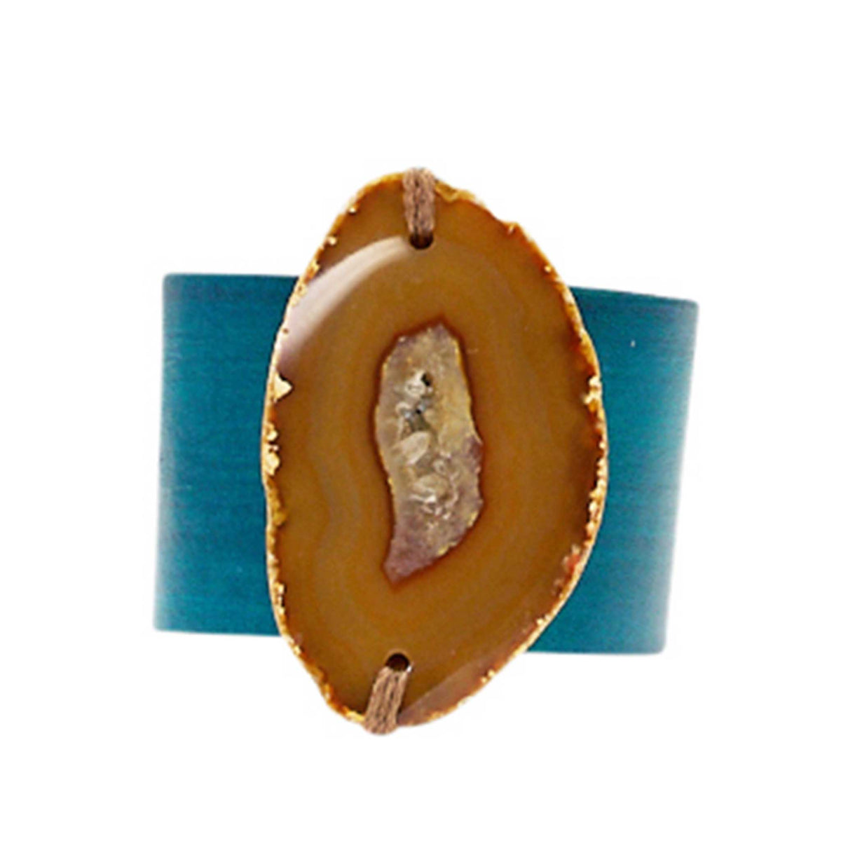 HANDCRAFTED CUFF - TEAL LEATHER WITH YELLOW AGATE - 4CMTEYE