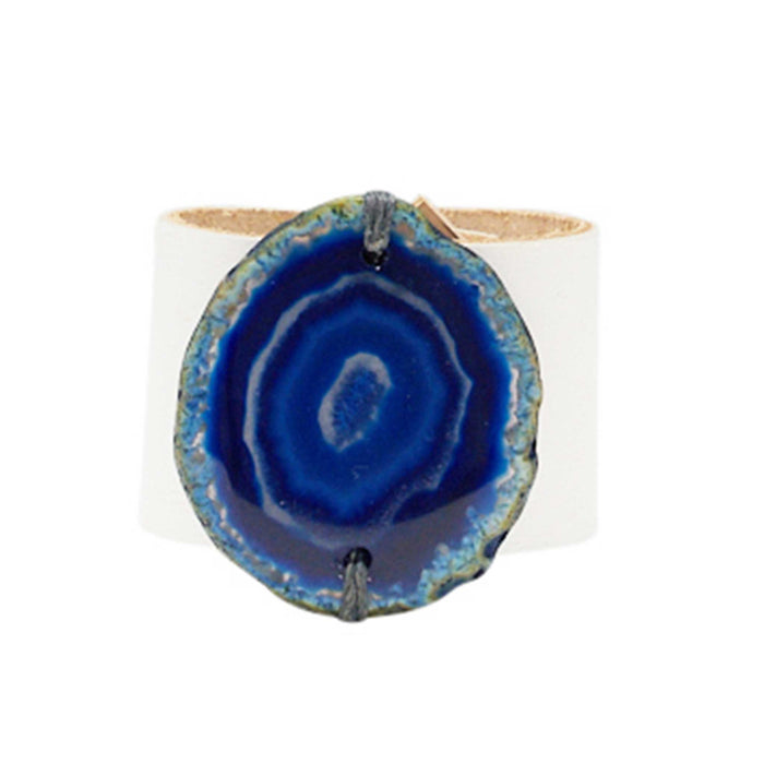 HANDCRAFTED CUFF - WHITE LEATHER WITH BLUE AGATE - 4CMWHBL1.1
