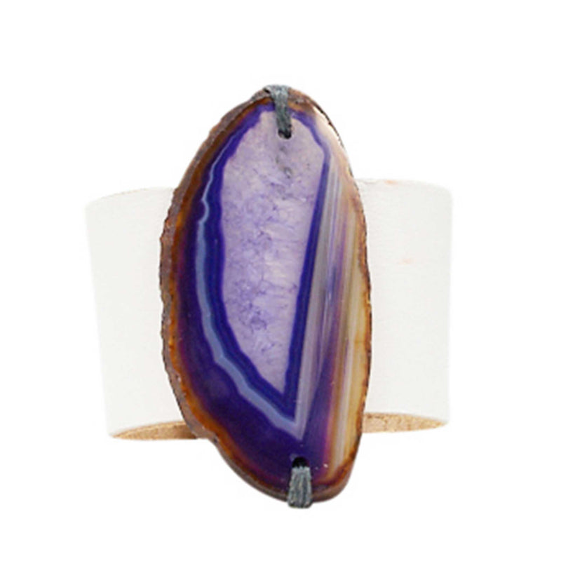 HANDCRAFTED CUFF - WHITE LEATHER WITH PURPLE AGATE - 4CMWHPU1.3