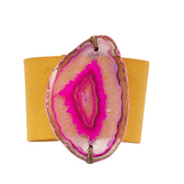 HANDCRAFTED CUFF - YELLOW LEATHER WITH PINK AGATE - 4CMYEPI1.1