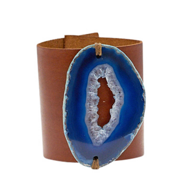 HANDCRAFTED CUFF - BROWN LEATHER BLUE PINK AGATE - 6CMBRBL1.1