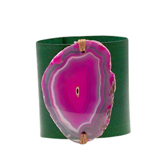 HANDCRAFTED CUFF - GREEN LEATHER BLUE PINK AGATE - 6CMGRPI